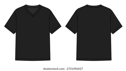 Basic schwarz V-Ausschnitt T-Shirt Technische Mode Illustration. Kurzarm-Tee mit geripptem Ausschnitt und Doppelstich-Saum. Vorder- und Rückseite Unisex Casualwear. CAD-Mustersatz.