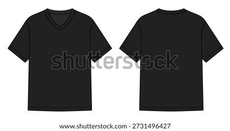 Basic black V-Neck T-Shirt Technical Fashion Illustration. Short-Sleeve Tee with Ribbed Neckline and Double-Stitch Hem. Front and Back Views. Unisex Casualwear. CAD Mockup Set.