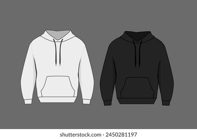 Basic black and white male hoodie mockup. Front and back view. Blank textile print template for fashion clothing.