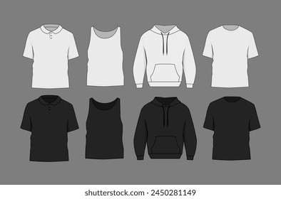 Basic black and white male polo, t-shirt tank top and hoodie mockup. Blank textile print template for fashion clothing.