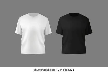 Básica camiseta masculina en blanco y negro maqueta realista. Vista frontal y posterior. Plantilla de estampado textil en blanco para prendas de moda.