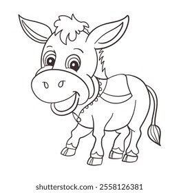 A basic black and white outline of a happy cartoon donkey decorative line art drawing of a cute donkey