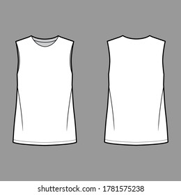 Basic blouse technical fashion illustration with oversized body, round neck, sleeveless, tunic length. Flat shirt apparel template front, back, white color. Women, men unisex top CAD mockup 