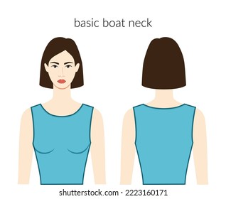 Basic boat neckline clothes character beautiful lady in aqua top, shirt, dress technical fashion illustration with fitted body. Flat apparel template front, back sides. Women, men unisex CAD mockup