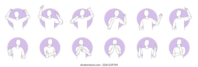 Lenguaje corporal básico. Postura de acción de la gente, hombre simple posa pictograma pensamiento humano gesto señalando, brazo mano signo acciones normales o figura de símbolo, ilustración vectorial de la expresión humana aislado