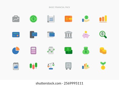 Basic business financial icon pack , Simple minimal outline with editable stroke. banking and money concept. bright colorful solid style. material icon.