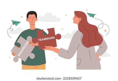 Basic business principles. Man and woman with puzzles in hands. Idea and innovation, brainstorming and insight. Teamwork and partnership, colleagues and workers. Cartoon flat vector illustration