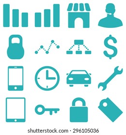 Basic business vector icons. These plain symbols use cyan color and isolated on a white background.
