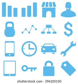 Basic business vector icons. These plain symbols use blue color and isolated on a white background.