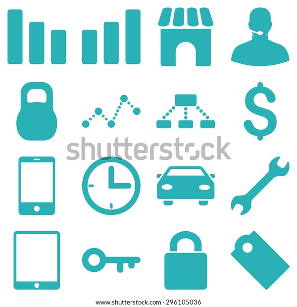 Basic business vector\
icons. These plain symbols use cyan color and isolated on a white\
background.
