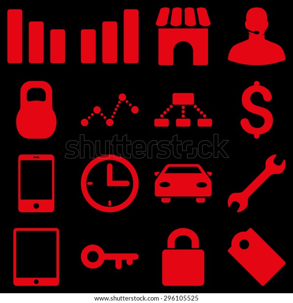 Basic business vector\
icons. These plain symbols use red color and isolated on a black\
background.
