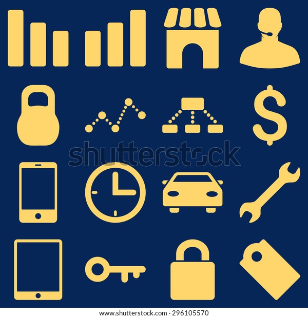 Basic business vector\
icons. These plain symbols use yellow color and isolated on a blue\
background.
