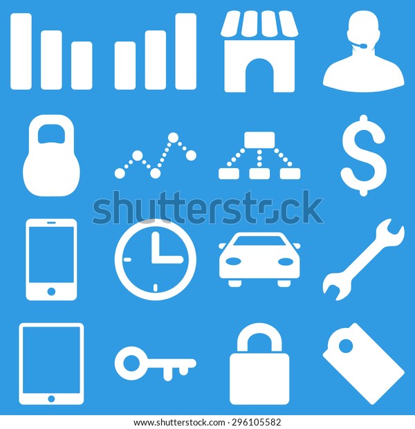 Basic business vector\
icons. These plain symbols use white color and isolated on a blue\
background.