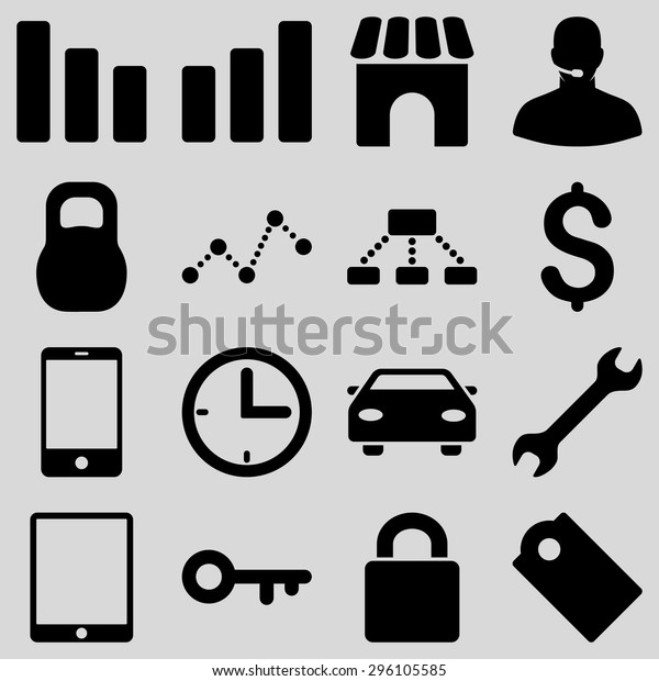 Basic business\
vector icons. These plain symbols use black color and isolated on a\
light gray background.