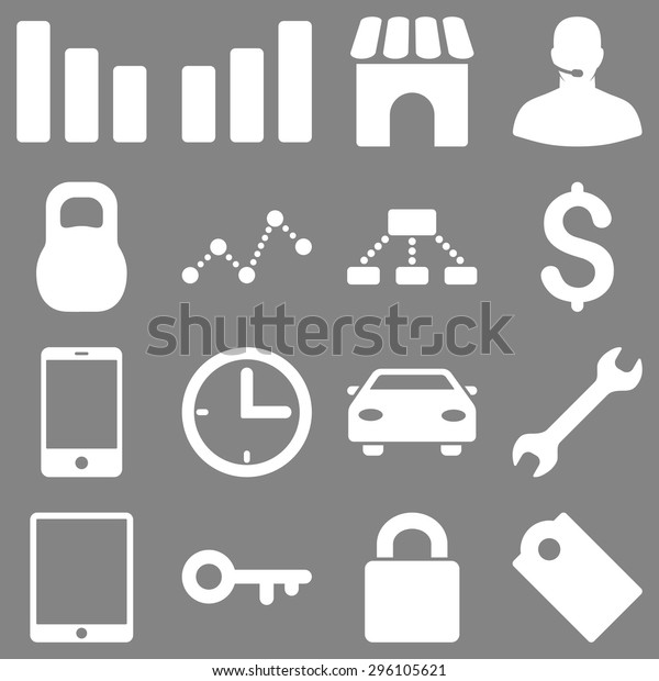 Basic business vector\
icons. These plain symbols use white color and isolated on a gray\
background.