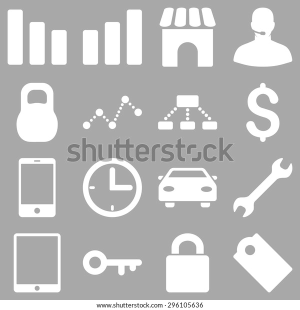 Basic business vector\
icons. These plain symbols use white color and isolated on a silver\
background.