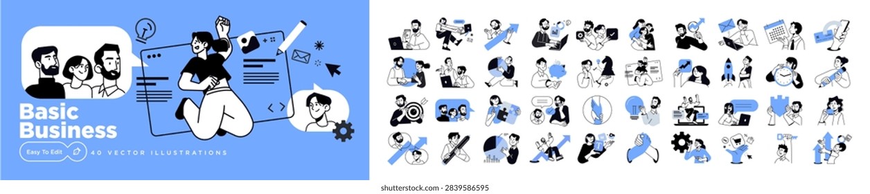 Basic business. Vector illustrations of people in various activities of business, management, marketing, startup, finance.