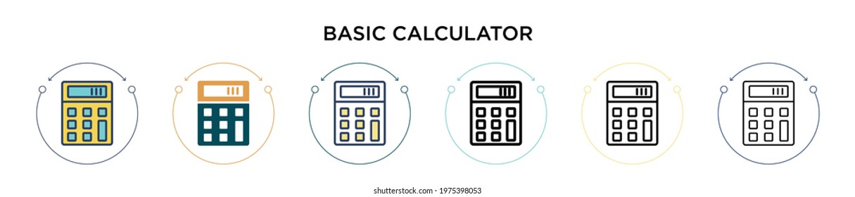 Basic calculator icon in filled, thin line, outline and stroke style. Vector illustration of two colored and black basic calculator vector icons designs can be used for mobile, ui, web