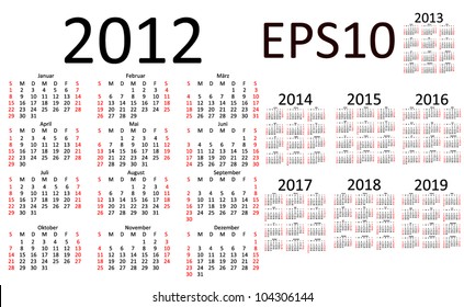 Basic Calendar 2012, 2013, 2014, 2015, 2016, 2017, 2018, 2019 in French (EPS10)