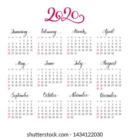 Basic calendar layout for 2020 year. Annual calendar classic light design for printing vector illustration. English square template with dates grid on white background. Week starts from Sunday.