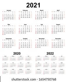 Basic calendar for year 2021 and 2020, 2022. Week starts on Sunday. Basic English Calendar.