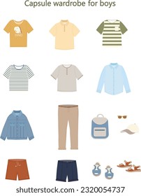 Basic capsule wardrobe for boy, teenager, man. Essential Boy's Clothes. Shirt, t shirt, trosers, jacket, shooes, cap, sunglasses. Set of fashion modern clothes. Vector illlustration. 