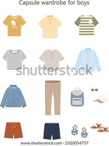 Basic capsule wardrobe for boy, teenager, man. Essential Boy's Clothes. Shirt, t shirt, trosers, jacket, shooes, cap, sunglasses. Set of fashion modern clothes. Vector illlustration. 