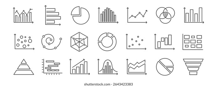 Basic charts line icon set.  Bar diagram, pie and histogram graph. Data visualization, growth and distribution analysis for business and finance. Vector illustration Editable Stroke