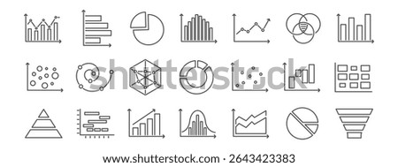 Basic charts line icon set.  Bar diagram, pie and histogram graph. Data visualization, growth and distribution analysis for business and finance. Vector illustration Editable Stroke