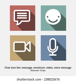 Basic Chat Icon Set: Message, Emoticon, Video Chat, Voice Message / Microphone. Modern Flat Design with long shadows