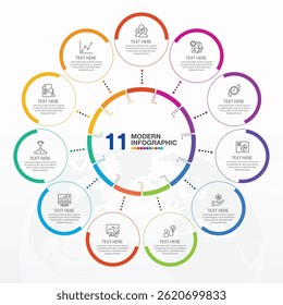 Basic circle infographic 11 steps, process or options, process chart, Used for process diagram, presentations, workflow layout, flow chart, infograph. Vector eps10 illustration.