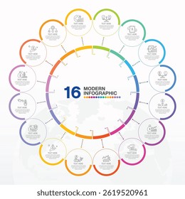 Basic circle infographic 16 steps, process or options, process chart, Used for process diagram, presentations, workflow layout, flow chart, infograph. Vector eps10 illustration.