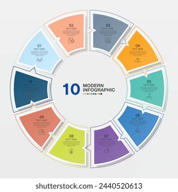 Basic circle infographic template with 10 steps, process or options, process chart, Used for process diagram, presentations, workflow layout, flow chart, infograph. Vector eps10 illustration.