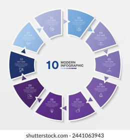 Basic circle infographic template with 10 steps, process or options, process chart, Used for process diagram, presentations, workflow layout, flow chart, infograph. Vector eps10 illustration.