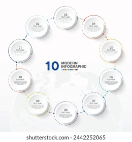 Basic circle infographic template with 10 steps, process or options, process chart, Used for process diagram, presentations, workflow layout, flow chart, infograph. Vector eps10 illustration.