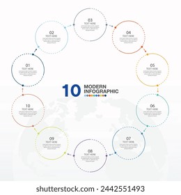 Basic circle infographic template with 10 steps, process or options, process chart, Used for process diagram, presentations, workflow layout, flow chart, infograph. Vector eps10 illustration.