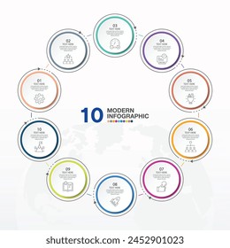 Basic circle infographic template with 10 steps, process or options, process chart, Used for process diagram, presentations, workflow layout, flow chart, infograph. Vector eps10 illustration.