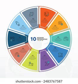 Basic circle infographic template with 10 steps, process or options, process chart, Used for process diagram, presentations, workflow layout, flow chart, infograph. Vector eps10 illustration.