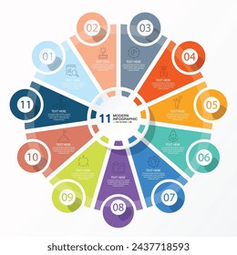 Basic circle infographic template with 11 steps, process or options, process chart, Used for process diagram, presentations, workflow layout, flow chart, infograph. Vector eps10 illustration.