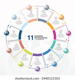 Basic circle infographic template with 11 steps, process or options, process chart, Used for process diagram, presentations, workflow layout, flow chart, infograph. Vector eps10 illustration.