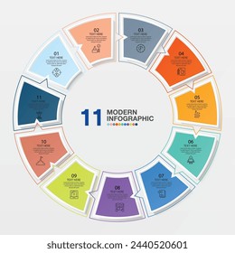 Basic circle infographic template with 11 steps, process or options, process chart, Used for process diagram, presentations, workflow layout, flow chart, infograph. Vector eps10 illustration.