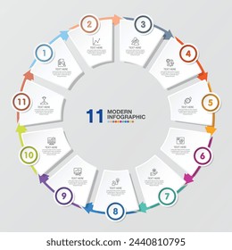 Plantilla de infografía de círculo básico con 11 pasos, proceso u opciones, diagrama de proceso, Utilizado para diagrama de proceso, presentaciones, diseño de flujo de trabajo, diagrama de flujo, infografía. Ilustración del vector eps10.