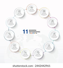 Basic circle infographic template with 11 steps, process or options, process chart, Used for process diagram, presentations, workflow layout, flow chart, infograph. Vector eps10 illustration.