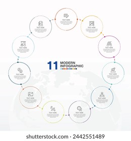 Basic circle infographic template with 11 steps, process or options, process chart, Used for process diagram, presentations, workflow layout, flow chart, infograph. Vector eps10 illustration.