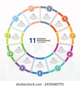 Basic circle infographic template with 11 steps, process or options, process chart, Used for process diagram, presentations, workflow layout, flow chart, infograph. Vector eps10 illustration.