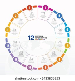 Plantilla de infografía de círculo básico con 12 pasos, proceso u opciones, diagrama de proceso, Utilizado para diagrama de proceso, presentaciones, diseño de flujo de trabajo, diagrama de flujo, infografía. Ilustración del vector eps10.