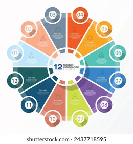 Plantilla de infografía de círculo básico con 12 pasos, proceso u opciones, diagrama de proceso, Utilizado para diagrama de proceso, presentaciones, diseño de flujo de trabajo, diagrama de flujo, infografía. Ilustración del vector eps10.