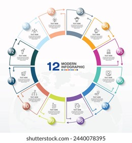 Plantilla de infografía de círculo básico con 12 pasos, proceso u opciones, diagrama de proceso, Utilizado para diagrama de proceso, presentaciones, diseño de flujo de trabajo, diagrama de flujo, infografía. Ilustración del vector eps10.