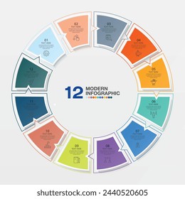 Plantilla de infografía de círculo básico con 12 pasos, proceso u opciones, diagrama de proceso, Utilizado para diagrama de proceso, presentaciones, diseño de flujo de trabajo, diagrama de flujo, infografía. Ilustración del vector eps10.