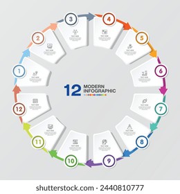 Basic circle infographic template with 12 steps, process or options, process chart, Used for process diagram, presentations, workflow layout, flow chart, infograph. Vector eps10 illustration.